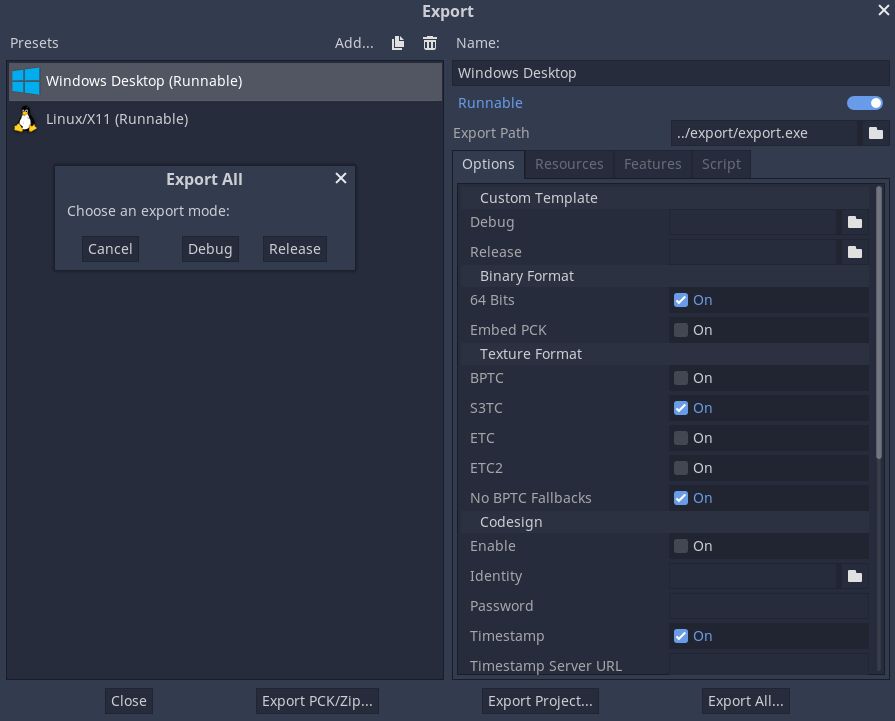 Godot export settings